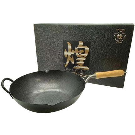 Kirameki Cast Iron Double Fiber Line Stir-fry Wok (Made in Japan) - 33cm.