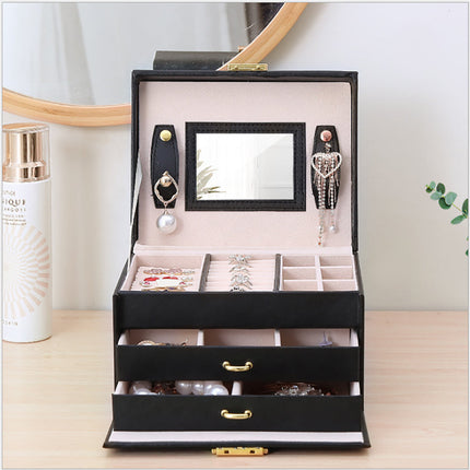 Jewellery Box With Mirror Double Drawers Organizer Storage Lock Case(Black).