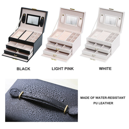 Jewellery Box With Mirror Double Drawers Organizer Storage Lock Case(Black).