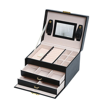 Jewellery Box With Mirror Double Drawers Organizer Storage Lock Case(Black).