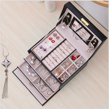 Jewellery Box With Mirror Double Drawers Organizer Storage Lock Case(White).