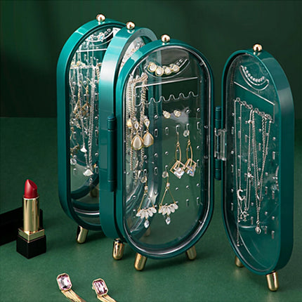Jewellery Storage Box Earrings Display Necklace Organizer 4 Doors Foldable Screen (Green).