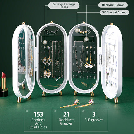 Jewellery Storage Box Earrings Display Necklace Organizer 4 Doors Foldable Screen (Green).