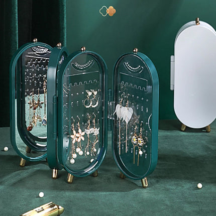 Jewellery Storage Box Earrings Display Necklace Organizer 4 Doors Foldable Screen (Green).
