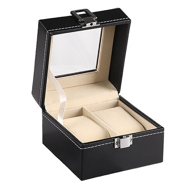 Watch Box Organizer Case Jewelry Display Tray Glass Top PU Leather(2 Slot).