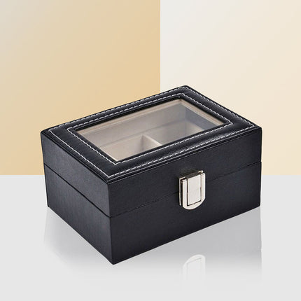 Watch Box Organizer Case Jewelry Display Tray Glass Top PU Leather(2 Slot).