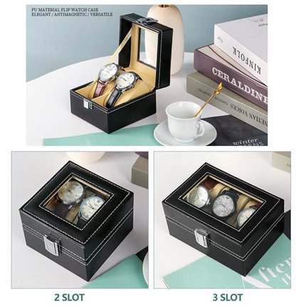 Watch Box Organizer Case Jewelry Display Tray Glass Top PU Leather(2 Slot).