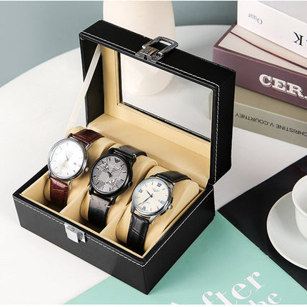 Watch Box Organizer Case Jewelry Display Tray Glass Top PU Leather(2 Slot).