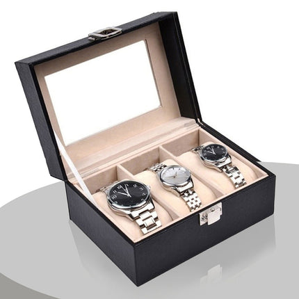 Watch Box Organizer Case Jewelry Display Tray Glass Top PU Leather(2 Slot).