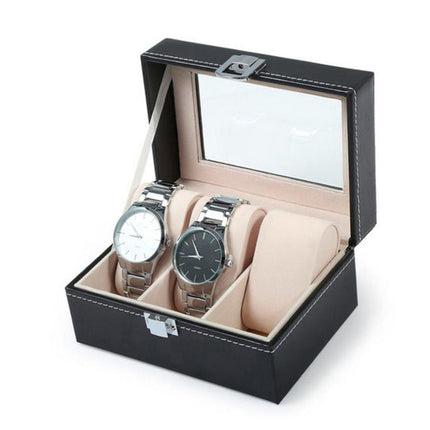 Watch Box Organizer Case Jewelry Display Tray Glass Top PU Leather(2 Slot).