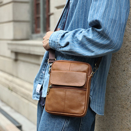 Genuine leather men's crossbody bag oiled wax leather Satchel Crossbody Bag (Black).