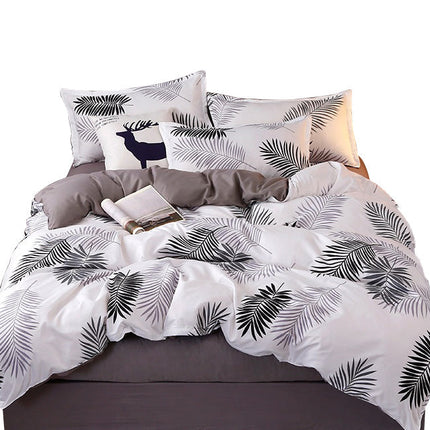Palm Leaves Pattern Aloe Cotton Flat Sheet Quilt Cover Pillowcases 4pcs Bedding Set (King).