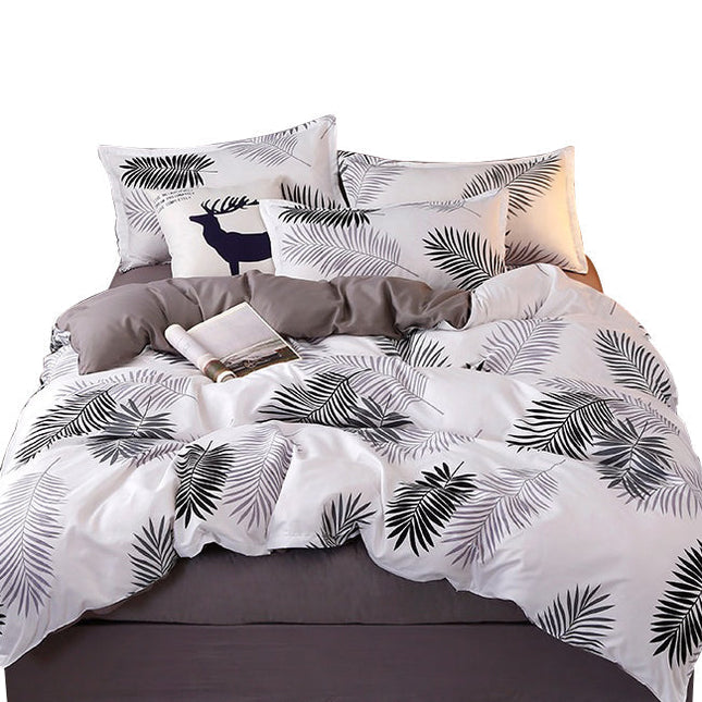 Palm Leaves Pattern Aloe Cotton Flat Sheet Quilt Cover Pillowcases 4pcs Bedding Set (King).