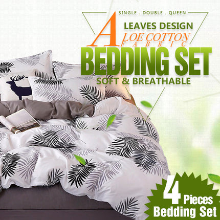 Palm Leaves Pattern Aloe Cotton Flat Sheet Quilt Cover Pillowcases 4pcs Bedding Set (King).