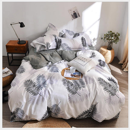 Palm Leaves Pattern Aloe Cotton Flat Sheet Quilt Cover Pillowcases 4pcs Bedding Set (King).