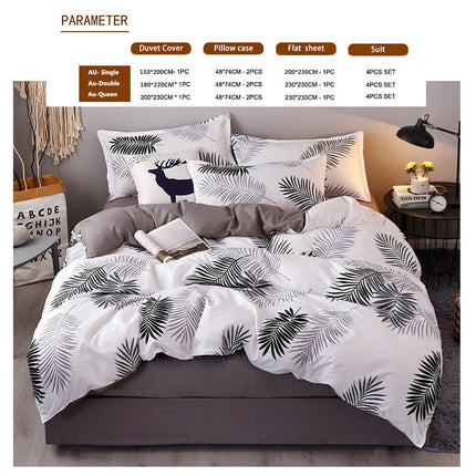 Palm Leaves Pattern Aloe Cotton Flat Sheet Quilt Cover Pillowcases 4pcs Bedding Set (King).