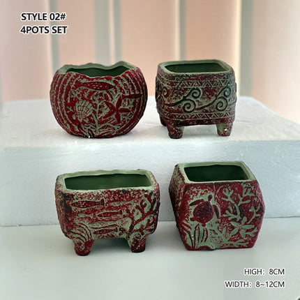 4/5/6 Pots Set Ceramic Clay Pottery Pots Succulent Flower Planter Draining Hole(Style 02# 4 Pots Set).