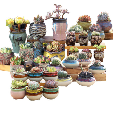 4/5/6 Pots Set Ceramic Clay Pottery Pots Succulent Flower Planter Draining Hole(Style 02# 4 Pots Set).