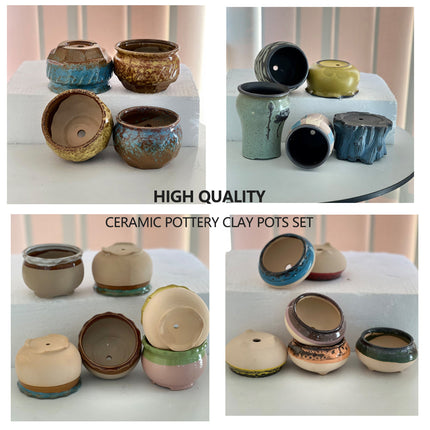 4/5/6 Pots Set Ceramic Clay Pottery Pots Succulent Flower Planter Draining Hole(Style 02# 4 Pots Set).