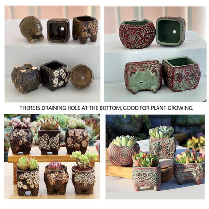 4/5/6 Pots Set Ceramic Clay Pottery Pots Succulent Flower Planter Draining Hole(Style 02# 4 Pots Set).