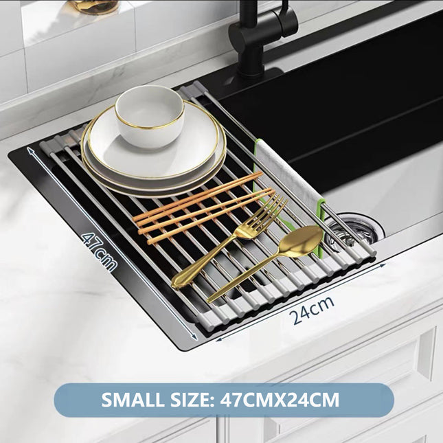 Kitchen Roll-Up Dish Drying Rack Foldable Drainer Over Sink 304-Stainless Steel(Small:47*24cm).
