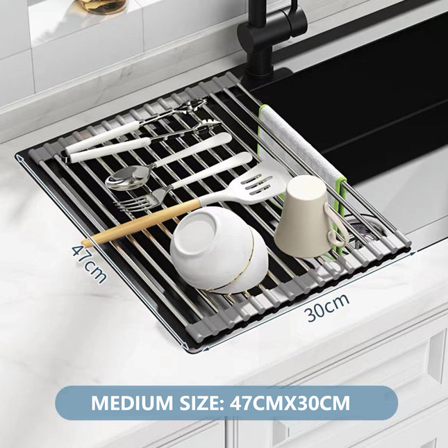Kitchen Roll-Up Dish Drying Rack Foldable Drainer Over Sink 304-Stainless Steel(Medium:47*30cm).