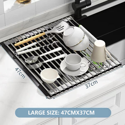 Kitchen Roll-Up Dish Drying Rack Foldable Drainer Over Sink 304-Stainless Steel(Large:47*37cm).