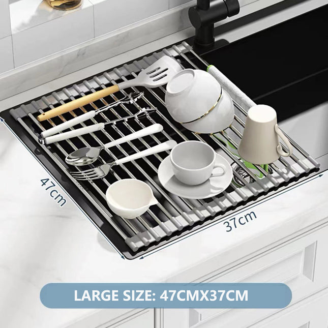 Kitchen Roll-Up Dish Drying Rack Foldable Drainer Over Sink 304-Stainless Steel(Large:47*37cm).