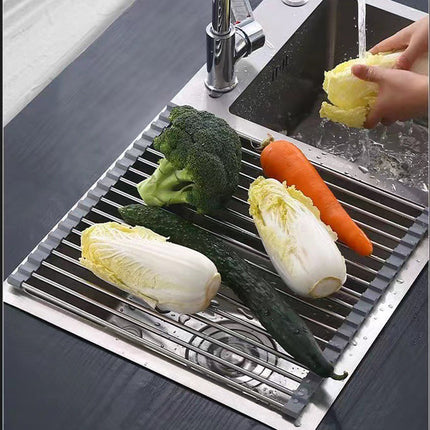 Kitchen Roll-Up Dish Drying Rack Foldable Drainer Over Sink 304-Stainless Steel(Large:47*37cm).