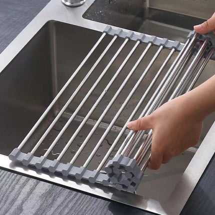 Kitchen Roll-Up Dish Drying Rack Foldable Drainer Over Sink 304-Stainless Steel(Large:47*37cm).