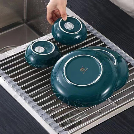 Kitchen Roll-Up Dish Drying Rack Foldable Drainer Over Sink 304-Stainless Steel(Large:47*37cm).