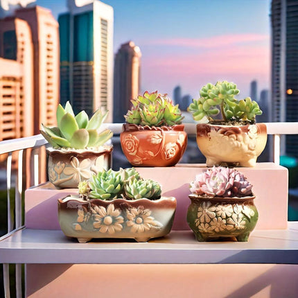 Set of 5 Succulent Plant Pots Flower Patterned with Drainage Holes.