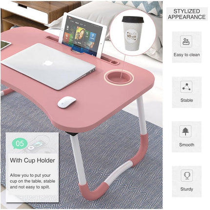 Foldable Desk Laptop Stand Table Bed Computer Study Adjustable Portable Cup Slot(White).