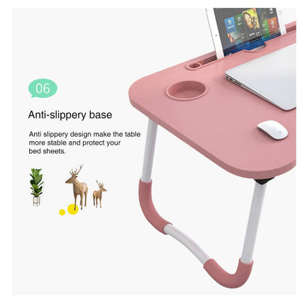 Foldable Desk Laptop Stand Table Bed Computer Study Adjustable Portable Cup Slot(White).