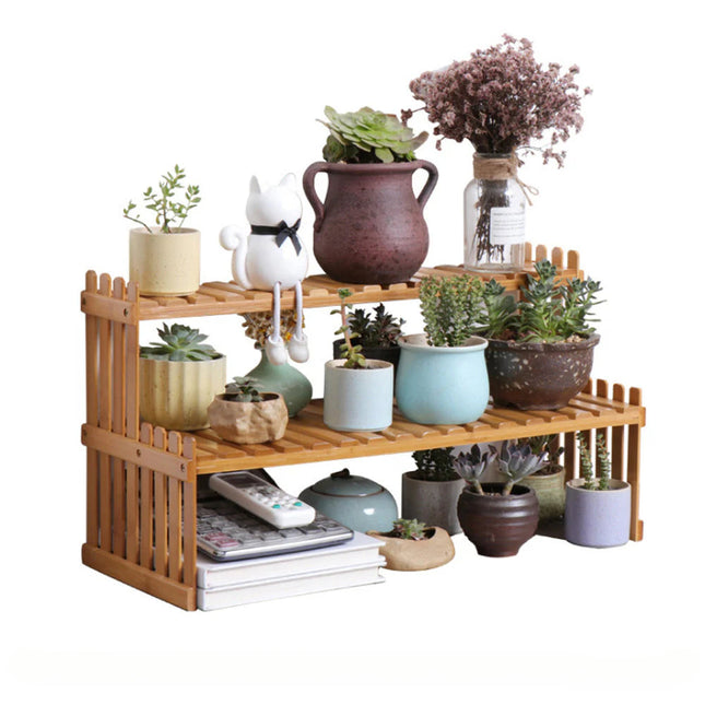 2 Tier Bamboo Plant Stand Shelves Flower Pot Rack Garden Indoor Outdoor Patio.