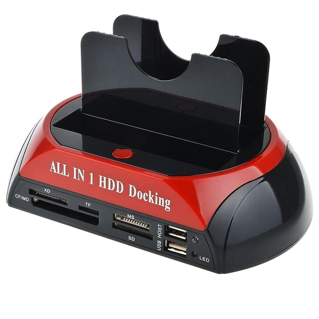 All In One Docking Station USB Dual-Bay Hard Drive 2.5" 3.5" IDE SATA SSD Card Reader.