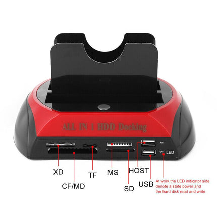 All In One Docking Station USB Dual-Bay Hard Drive 2.5" 3.5" IDE SATA SSD Card Reader.
