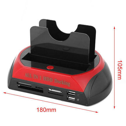 All In One Docking Station USB Dual-Bay Hard Drive 2.5" 3.5" IDE SATA SSD Card Reader.