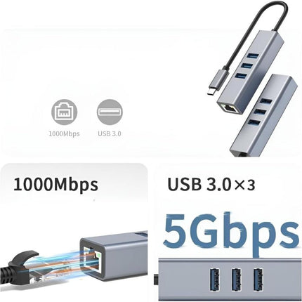 USB C to Ethernet Adapter with 1000Mbps Gigabit RJ45 and 3xUSB 3.0 Ports.
