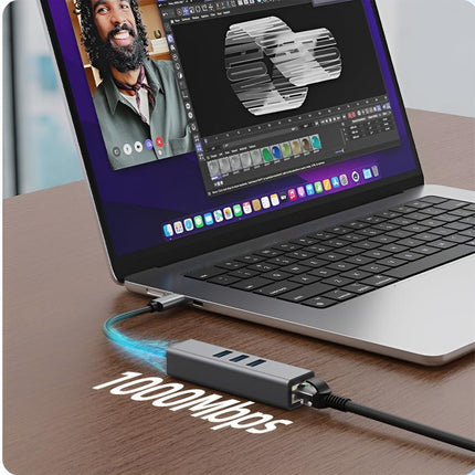 USB C to Ethernet Adapter with 1000Mbps Gigabit RJ45 and 3xUSB 3.0 Ports.