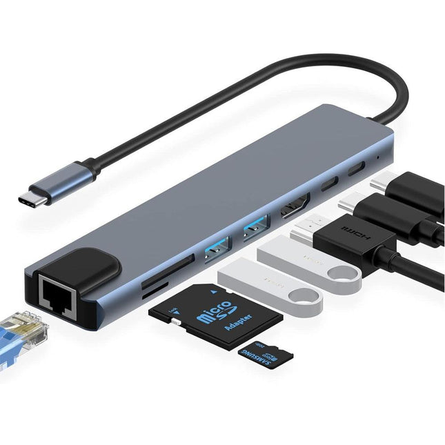8in1 Hub USB-C To Type-C USB 3.0 4K HDMI RJ45 Ethernet SD TF OTG PD Port Adapter.
