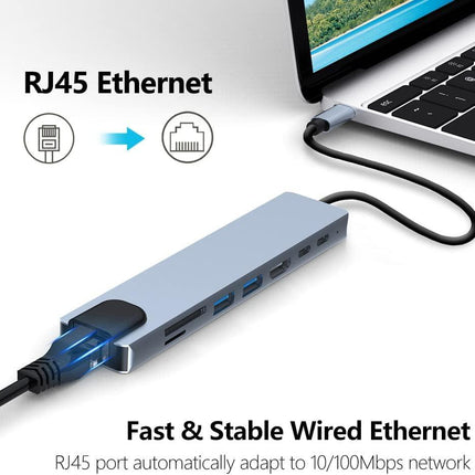 8in1 Hub USB-C To Type-C USB 3.0 4K HDMI RJ45 Ethernet SD TF OTG PD Port Adapter.