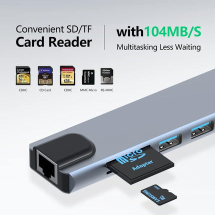 8in1 Hub USB-C To Type-C USB 3.0 4K HDMI RJ45 Ethernet SD TF OTG PD Port Adapter.
