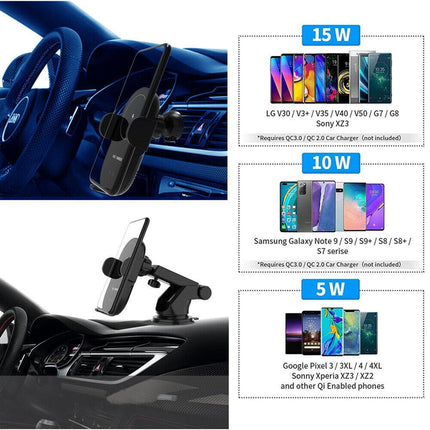 Automatic Clamping 15W Wireless Car Fast Charger Mount 2in1 Car Phone Holder.