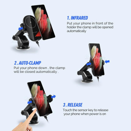 Automatic Clamping 15W Wireless Car Fast Charger Mount 2in1 Car Phone Holder.