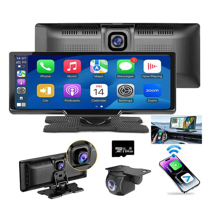 10.26" Wireless Apple Android Carplay Dual Dash Cam Front Rear Camera with 64G Card.