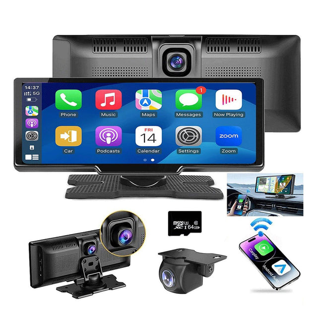 10.26" Wireless Apple Android Carplay Dual Dash Cam Front Rear Camera with 64G Card.