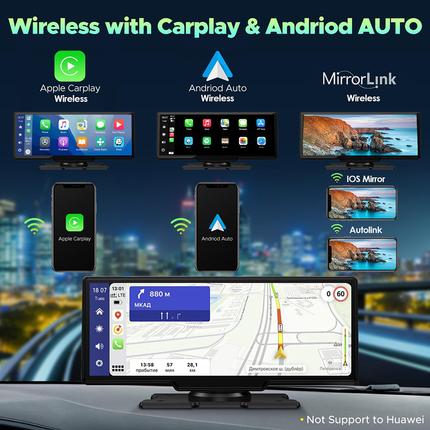 10.26" Wireless Apple Android Carplay Dual Dash Cam Front Rear Camera with 64G Card.