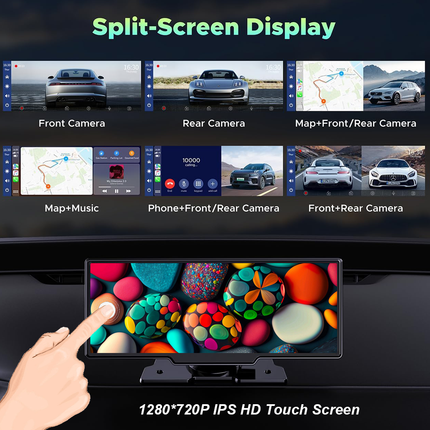 10.26" Wireless Apple Android Carplay Dual Dash Cam Front Rear Camera with 64G Card.