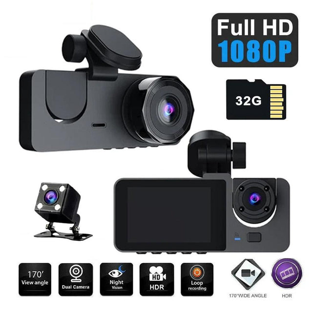 3 Channel Car DVR HD 1080P Vehicle Dash Cam Three Way Camera DVRs Recorder with 32 GB Card.
